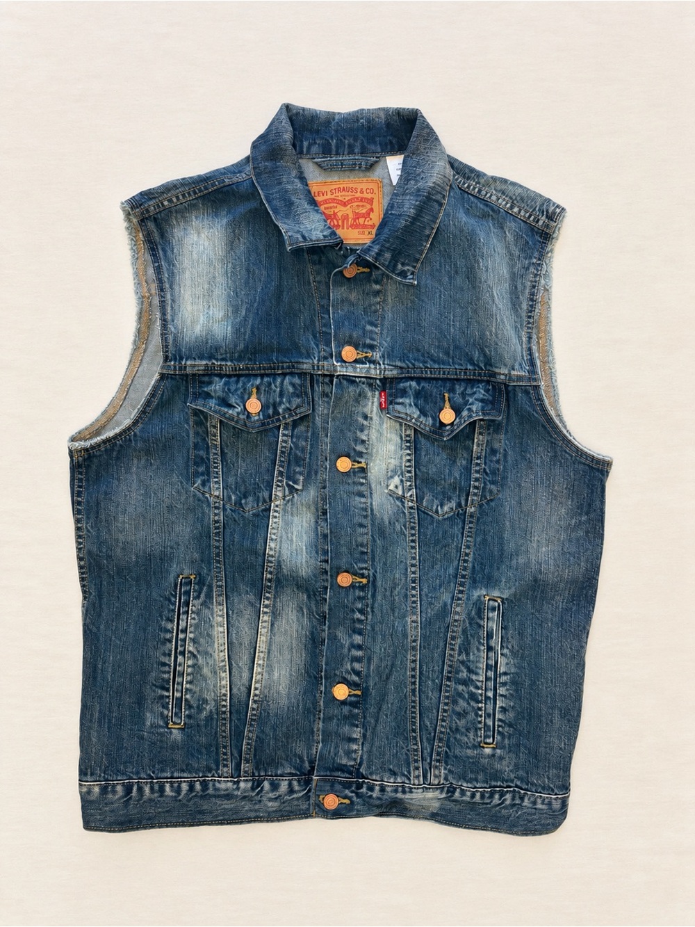 Levi’s Men’s XL Denim Trucker Vest Custom Cut Off Sleeves Distressed Blue